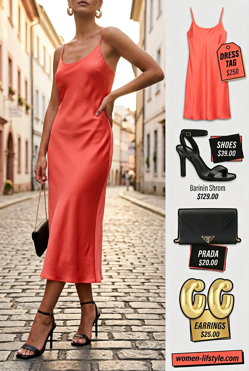Effortless Italian summer outfit: Coral satin slip dress, black strappy heels, clutch, gold hoop earrings.