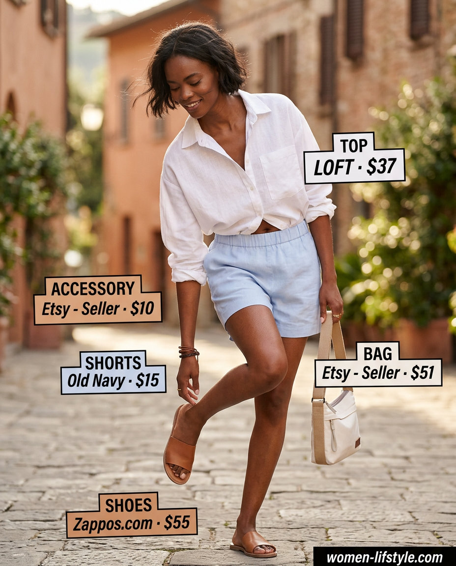 Effortless Italian summer outfit: Light blue linen shorts, oversized white linen shirt, tan slides, canvas bag.