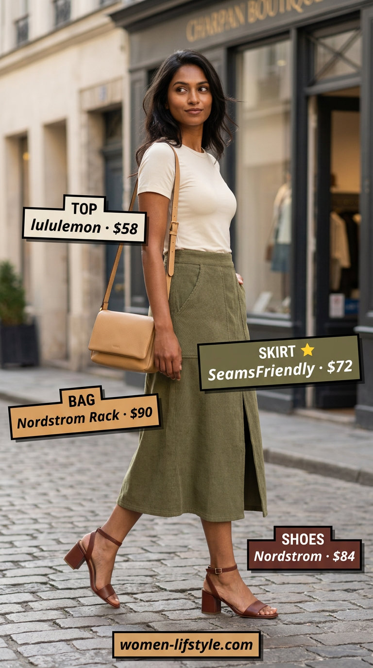 Effortless Italian summer outfit: Olive green midi skirt, cream knit top, woven belt, block heels, crossbody bag.