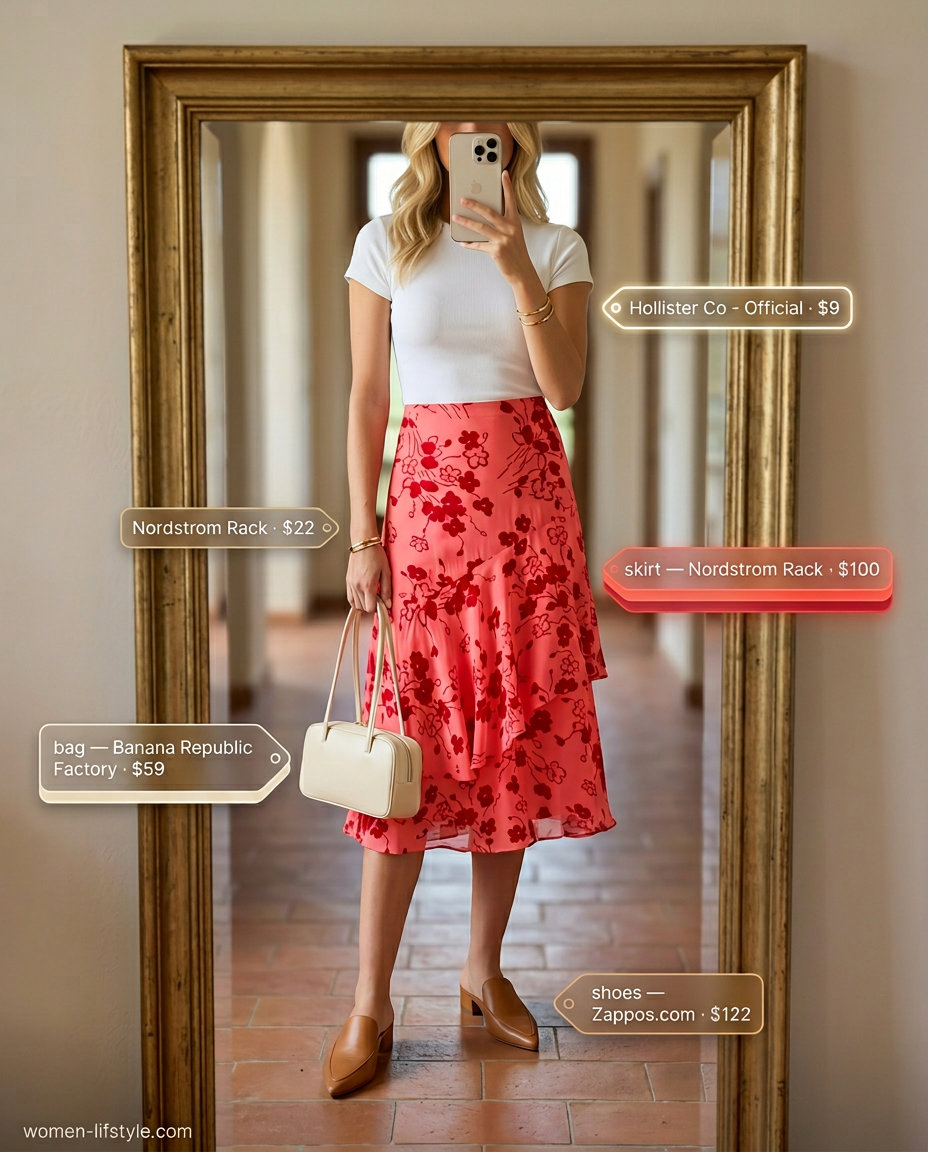 Effortless Italian summer outfit: Coral floral midi skirt, white t-shirt, block heel mules, gold bangles.