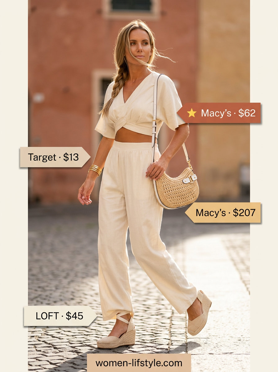 Effortless Italian summer outfit: Cream knit matching set, espadrille wedges, straw crossbody bag, gold bangles.