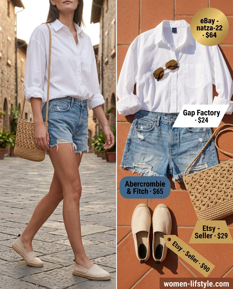 Effortless Italian summer outfit: Denim shorts, oversized white shirt, espadrille flats, straw crossbody bag.