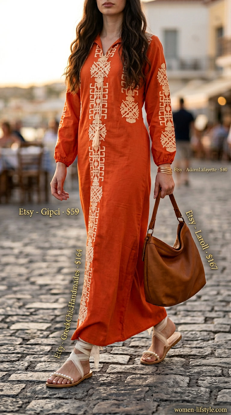 Effortless Italian summer outfit: Terracotta maxi caftan dress, leather hobo bag, beaded sandals, gold bangles.