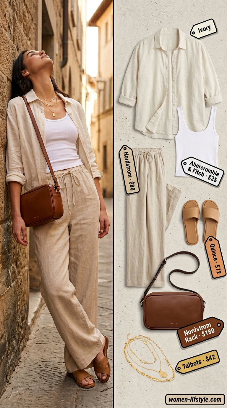 Effortless Italian summer outfit: Beige linen pants, white ribbed tank, leather slides, layered gold necklaces.