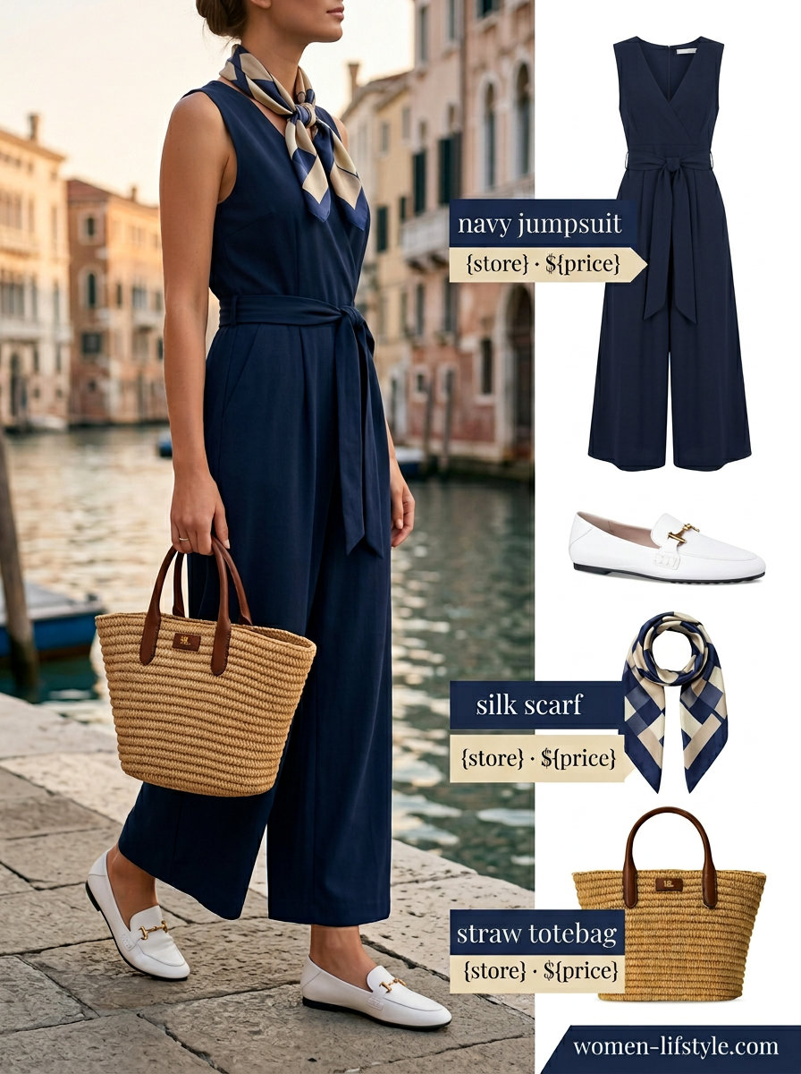 Effortless Italian summer outfit: Navy wide-leg jumpsuit, straw tote, leather loafers, silk scarf.