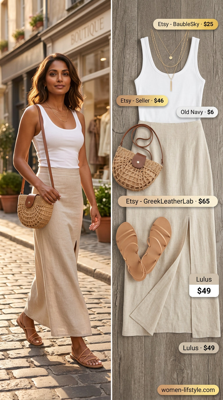Effortless Italian summer outfits for women 2026: Linen maxi skirt, white tank, and gold necklaces for Amalfi Coast aperitivo.