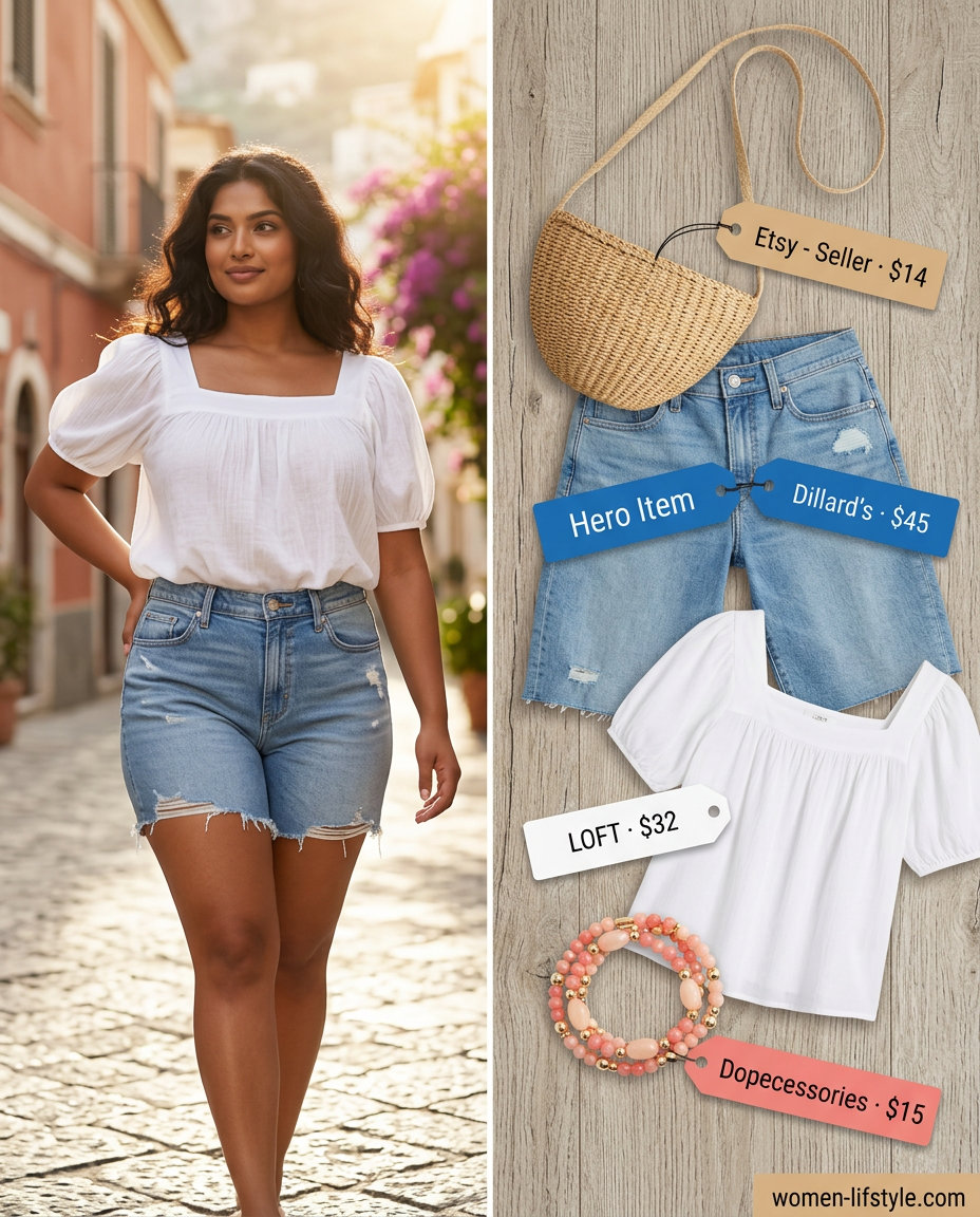 Effortless Italian summer outfits for women 2026: White puff-sleeve blouse, denim shorts, and espadrilles for Capri Island.