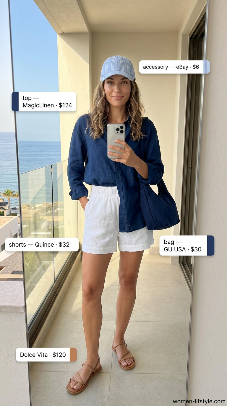 Effortless Italian summer outfits for women 2026: Linen shorts, oversized shirt, and striped cap for coastal breeze.