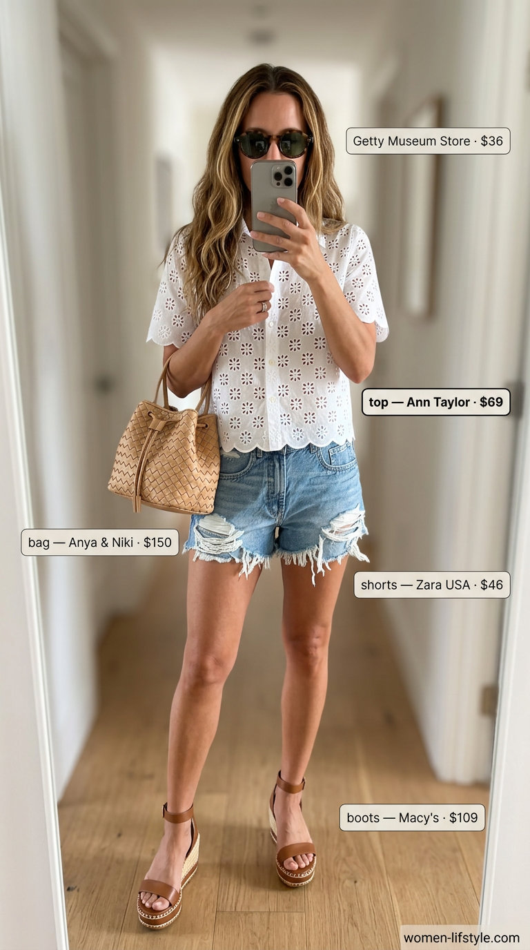 Effortless Italian summer outfits for women 2026: Denim shorts, eyelet blouse, espadrille wedges for casual beach town stroll.