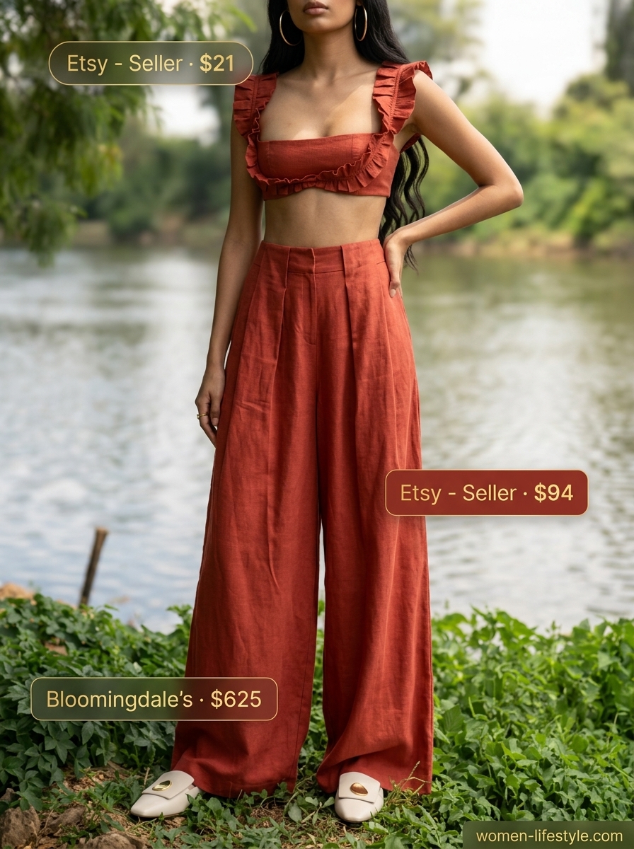 Effortless Italian summer outfits for women 2026: Terracotta linen matching set, pointed loafers, and gold hoops for Florence.