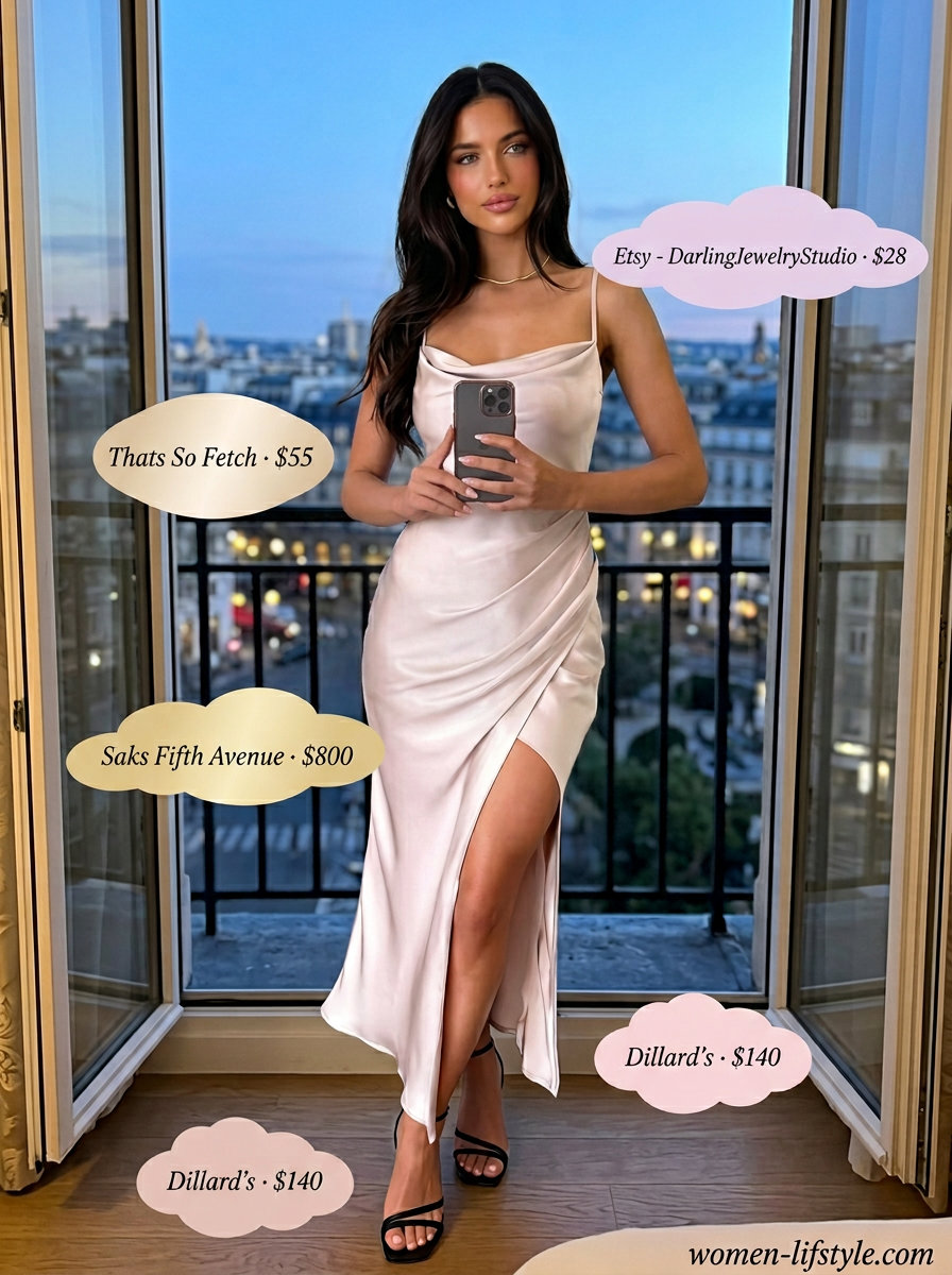 Effortless Italian summer outfits for women 2026: Champagne slip dress, black heels, and gold necklace for Lake Como.