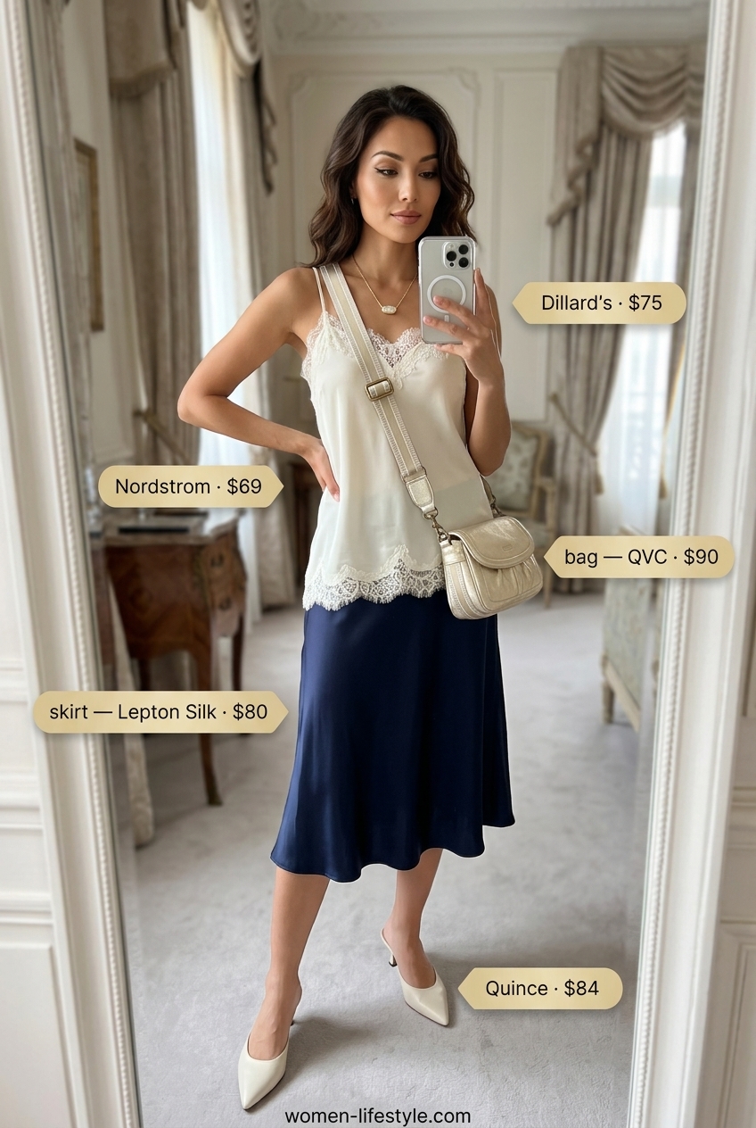 Effortless Italian summer outfits for women 2026: Navy midi skirt, silk camisole, heeled mules for elegant evening out.