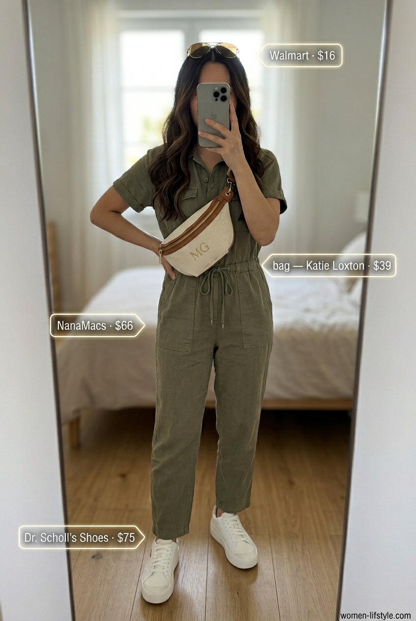 Effortless Italian summer outfits for women 2026: Olive green jumpsuit, white sneakers, aviator sunglasses for active exploration.