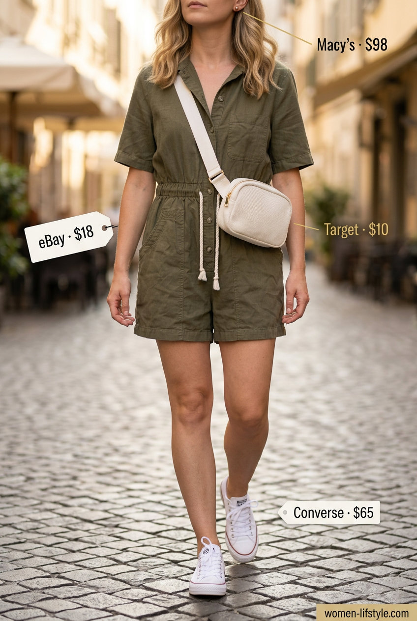Effortless Italian summer outfits for women 2026: Olive green utility romper, white sneakers, canvas belt bag for sightseeing.