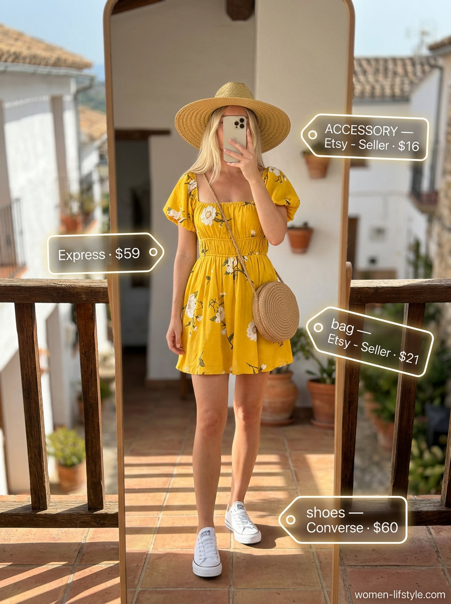 Effortless Italian summer outfits for women 2026: Yellow floral mini dress, straw hat, and canvas sneakers for Positano.