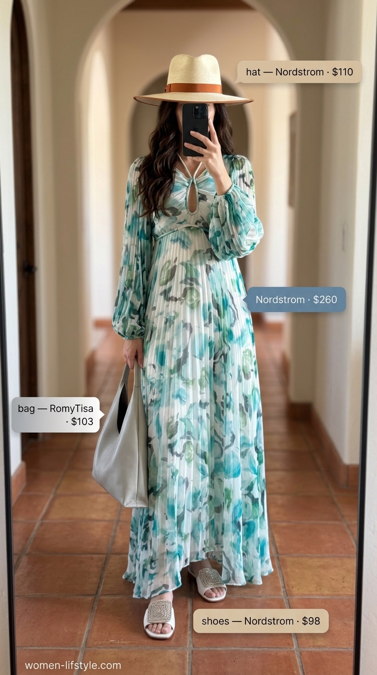 Effortless Italian summer outfits for women 2026: Muted print maxi dress, straw hat, embellished sandals for sunset strolls.
