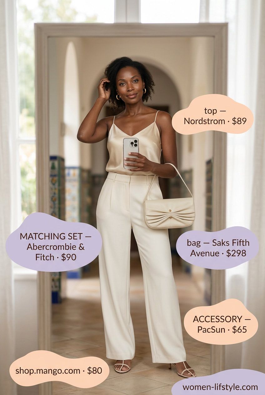 Effortless Italian summer outfits for women 2026: Cream linen suit, silk cami, and heeled sandals for Riviera evenings.