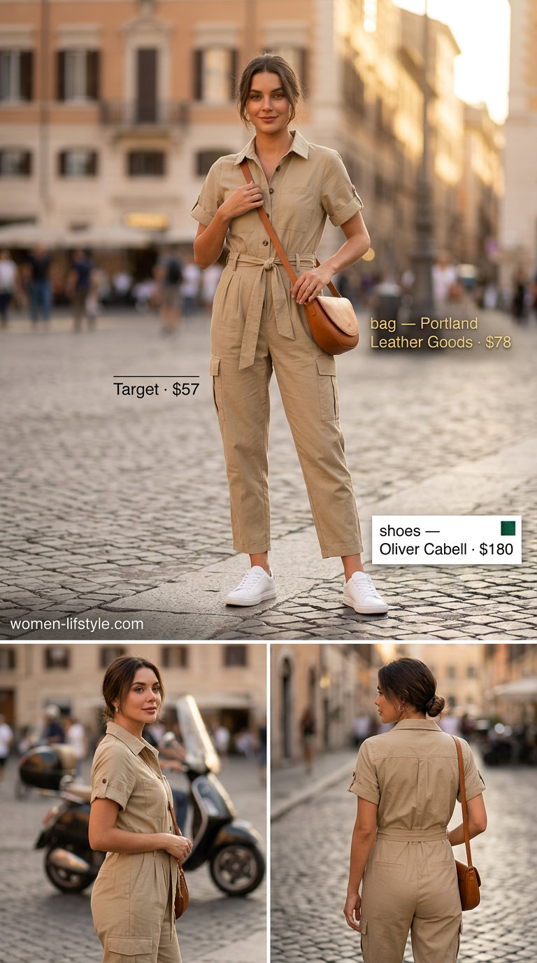 Effortless Italian summer outfits for women 2026: Khaki linen jumpsuit, tan crossbody bag, and white sneakers for Roman sightseeing.