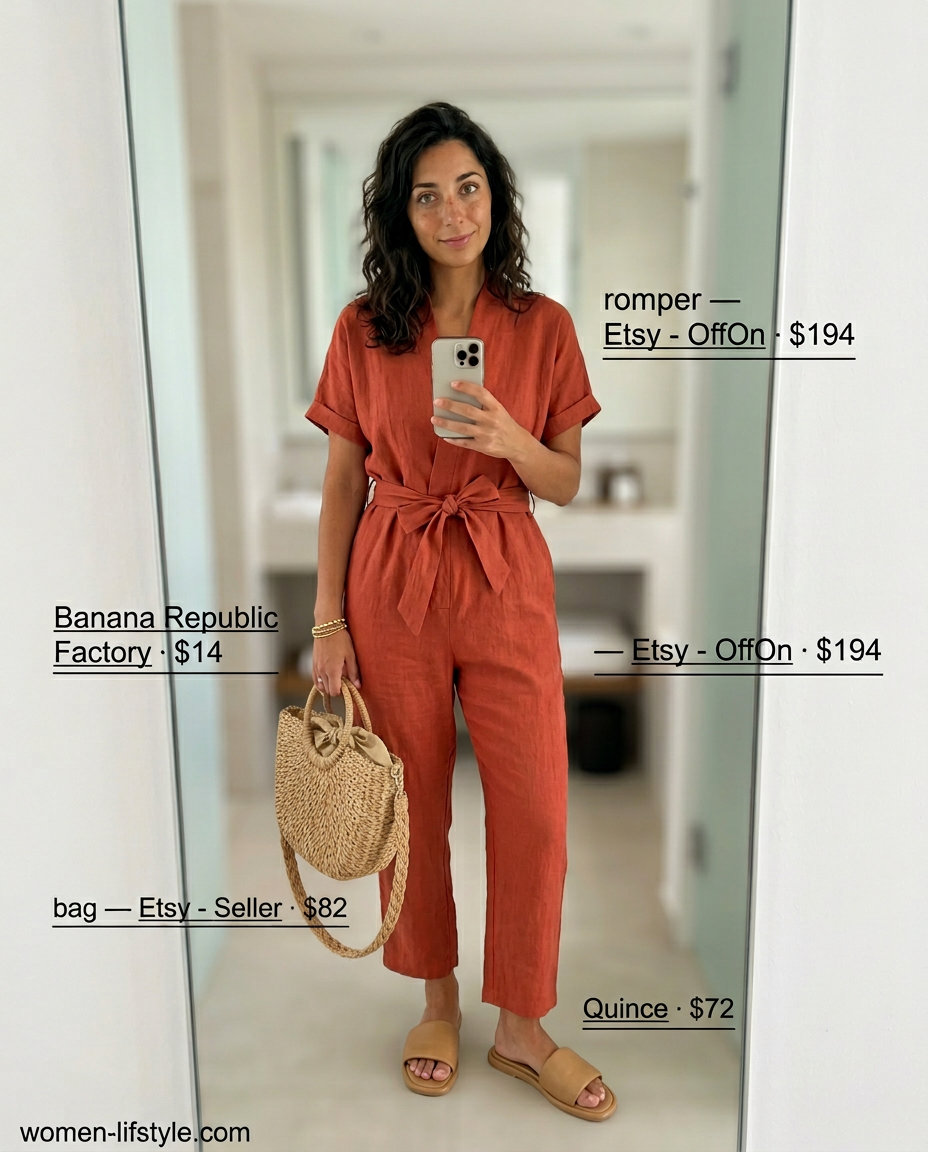Effortless Italian summer outfits for women 2026: Terracotta linen romper, tan slides, straw bag for casual brunch.