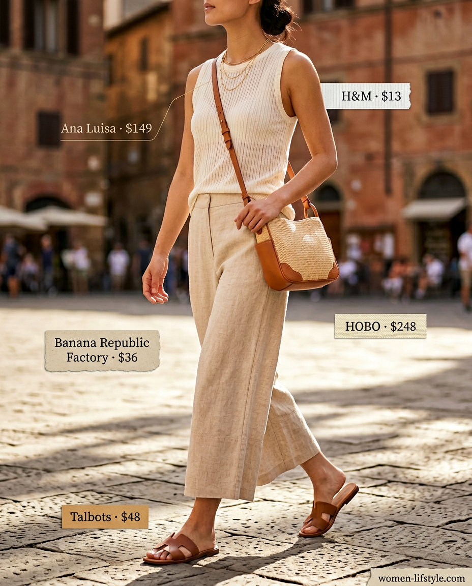 Effortless Italian summer outfits for women 2026: Sand linen set, cream knit top, and slide sandals for Tuscan sun.