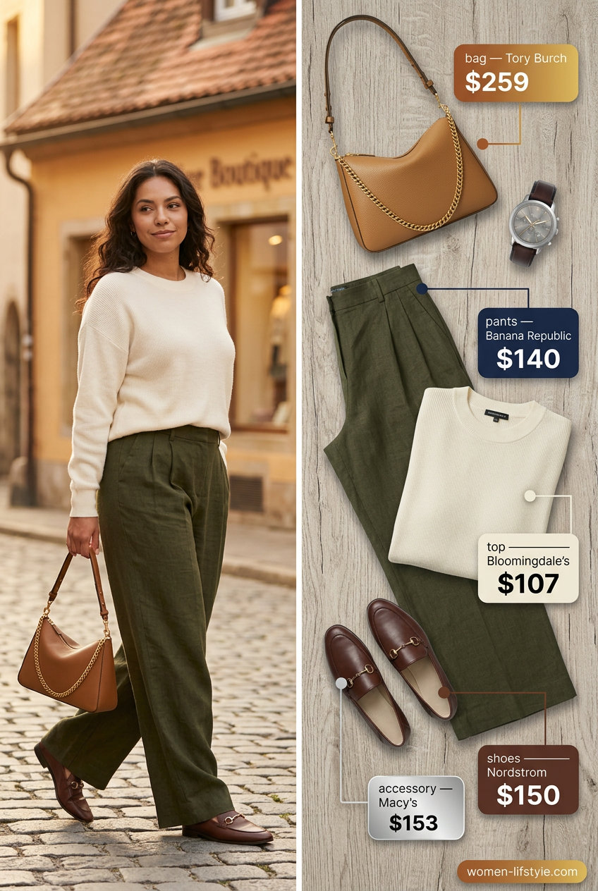 Effortless Italian summer outfits for women 2026: Olive green linen pants, cream sweater, and brown loafers for a Tuscan vineyard lunch.