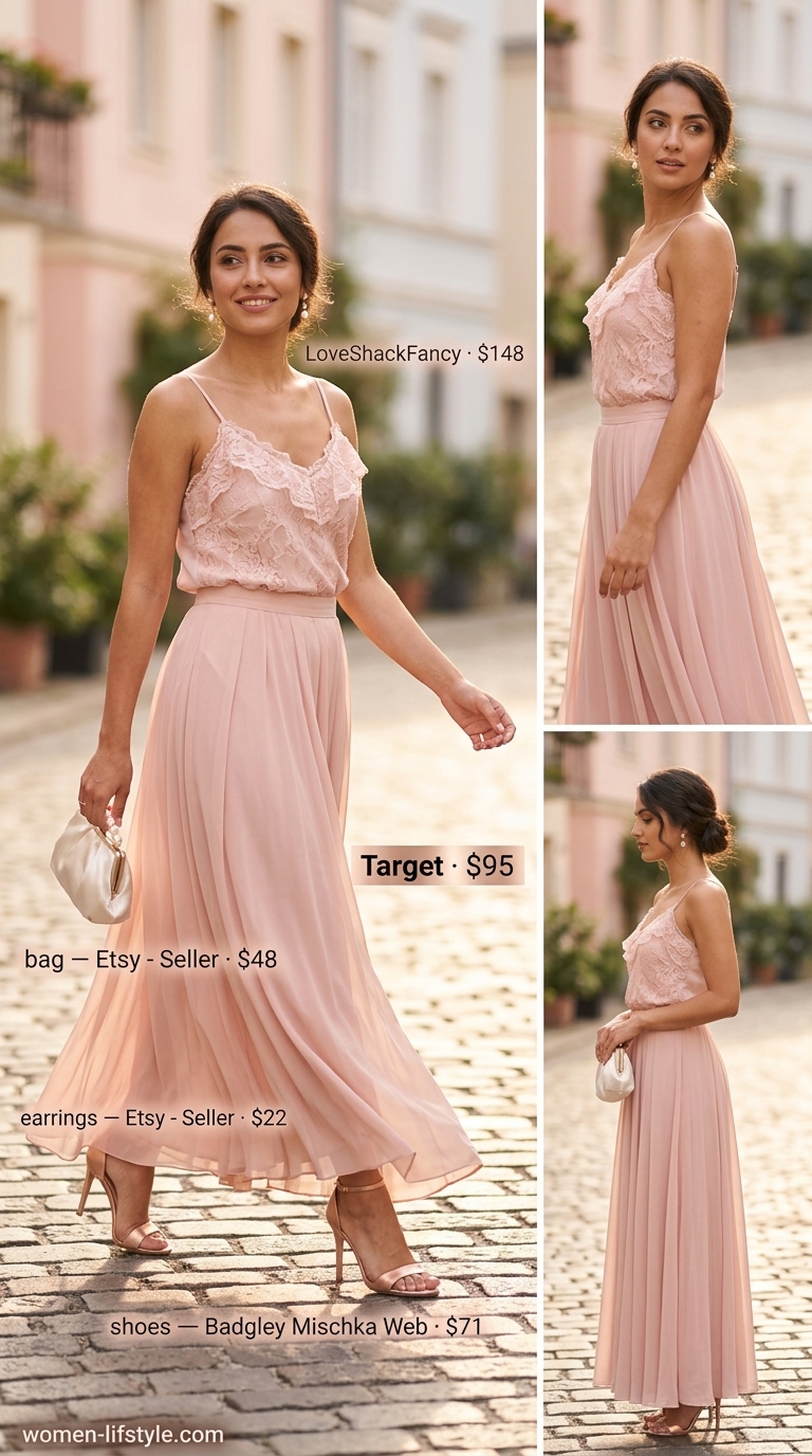 Elegant blush pink chiffon maxi skirt outfit for a summer 2026 wedding guest or cocktail party.