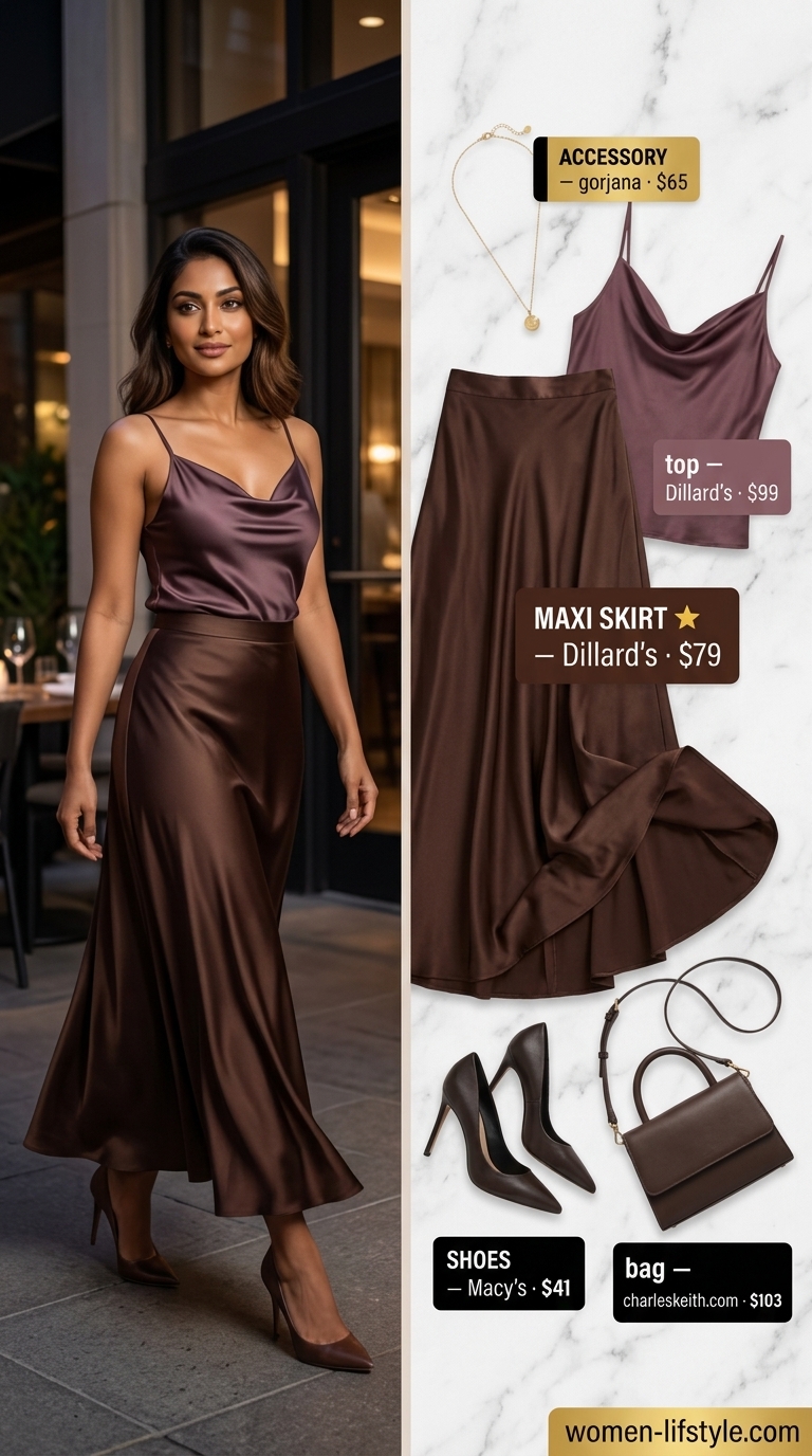 Luxurious Chocolate Indulgence Night outfit with a chocolate brown satin maxi skirt and black cowl neck camisole. Elegant maxi skirt outfits summer 2026.