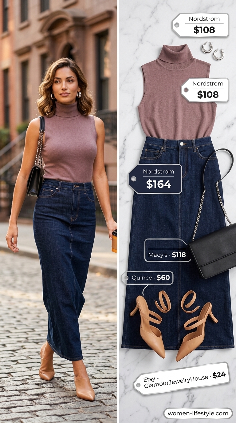 Sophisticated dark indigo denim maxi skirt outfit for a summer 2026 urban outing or weekend brunch.