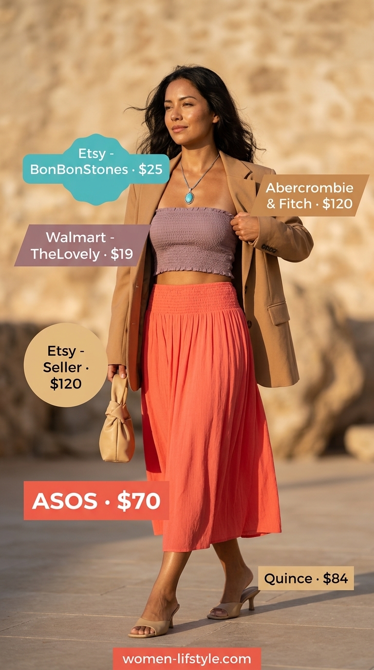 Earthy Desert Sunset Escape outfit with a sandy beige maxi skirt, black blazer, and sky blue crop top. Elegant maxi skirt outfits summer 2026.