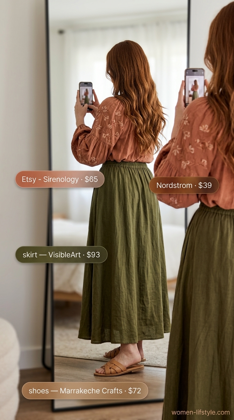 Bohemian Earthy Festival Spirit outfit with a terracotta tiered maxi skirt, olive peasant blouse, and raffia crossbody. Elegant maxi skirt outfits summer 2026.