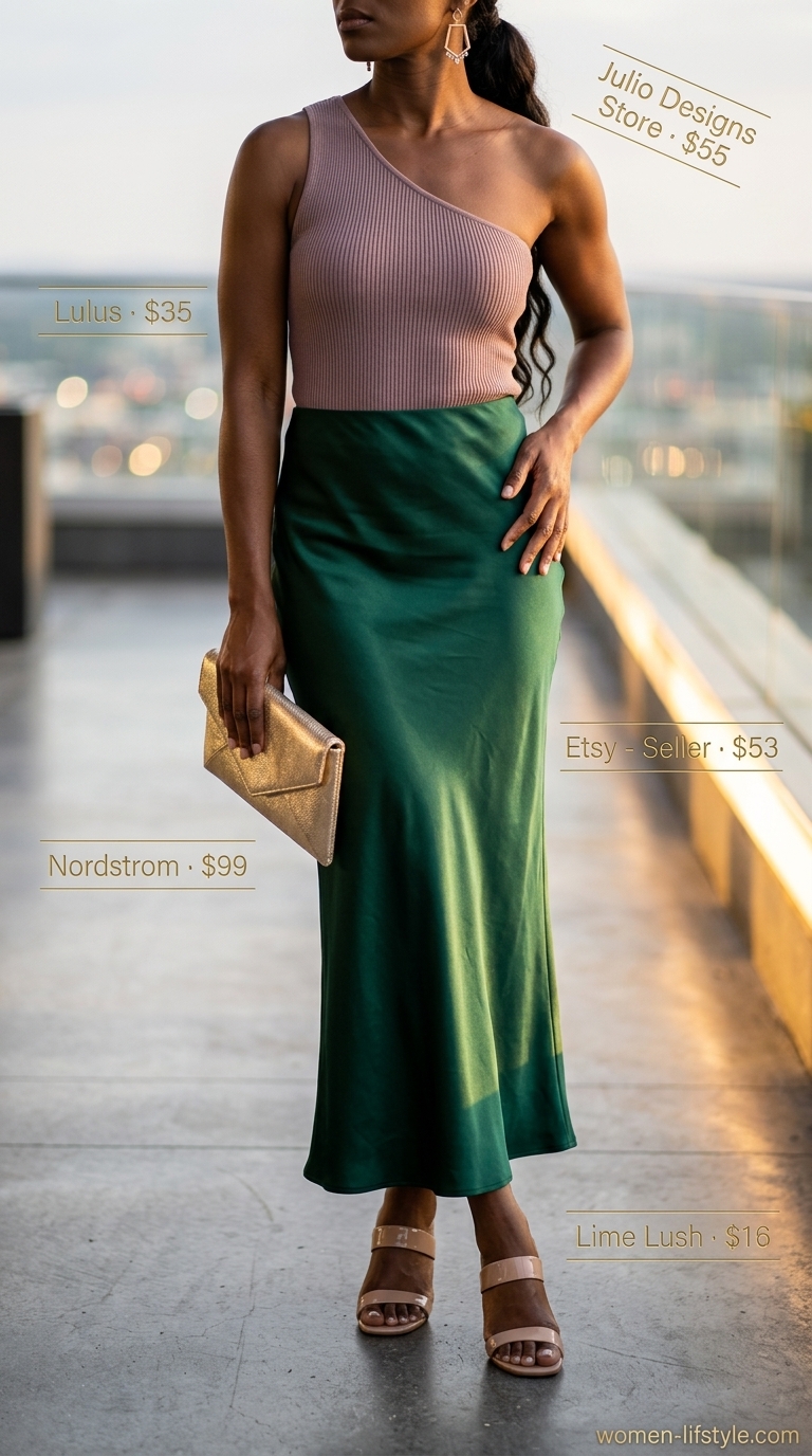 Glamorous Emerald City Escape outfit with a silk emerald green maxi skirt, white one-shoulder top, and gold accessories. Elegant maxi skirt outfits summer 2026.