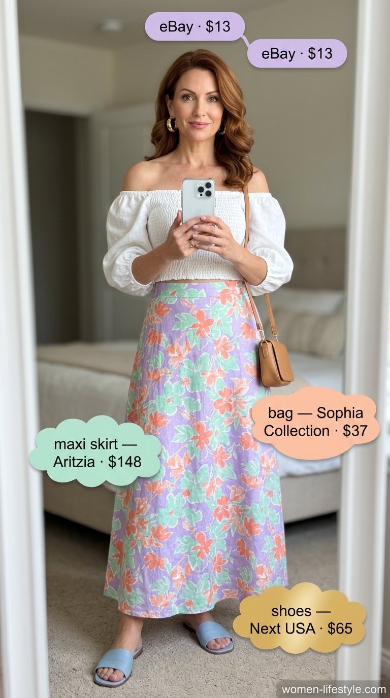 Fresh lavender and mint floral maxi skirt outfit for a summer 2026 spring luncheon or garden event.