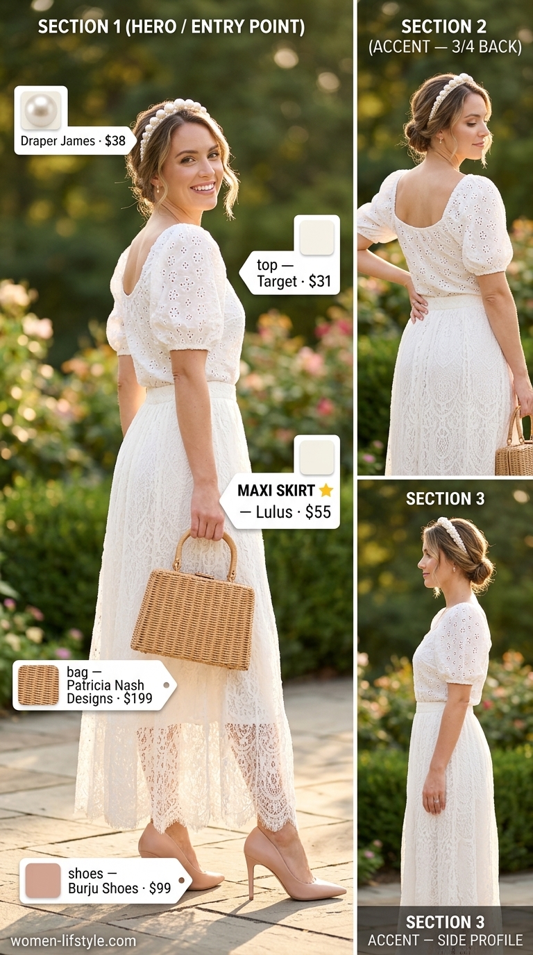 Elegant ivory eyelet lace maxi skirt outfit for a summer 2026 garden tea party or bridal shower.