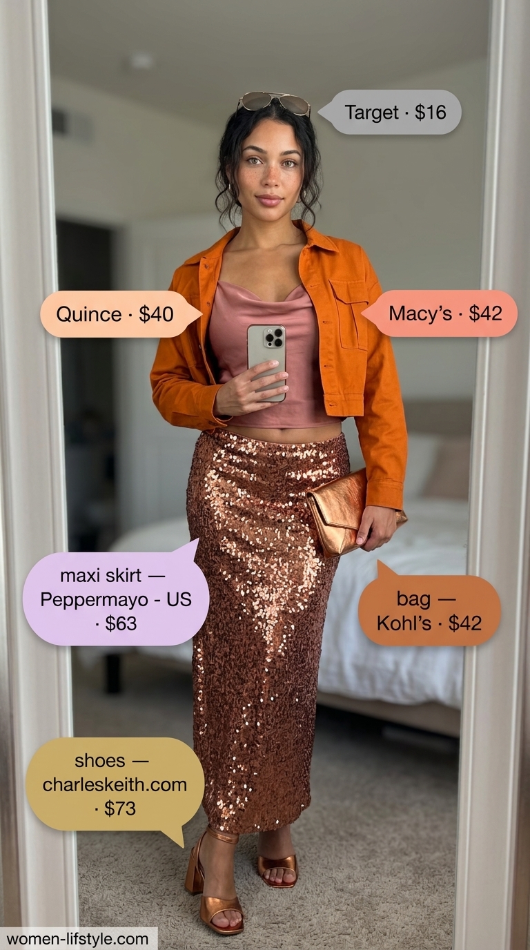Glamorous deep orange sequin maxi skirt outfit for a summer 2026 evening gala or cocktail party.