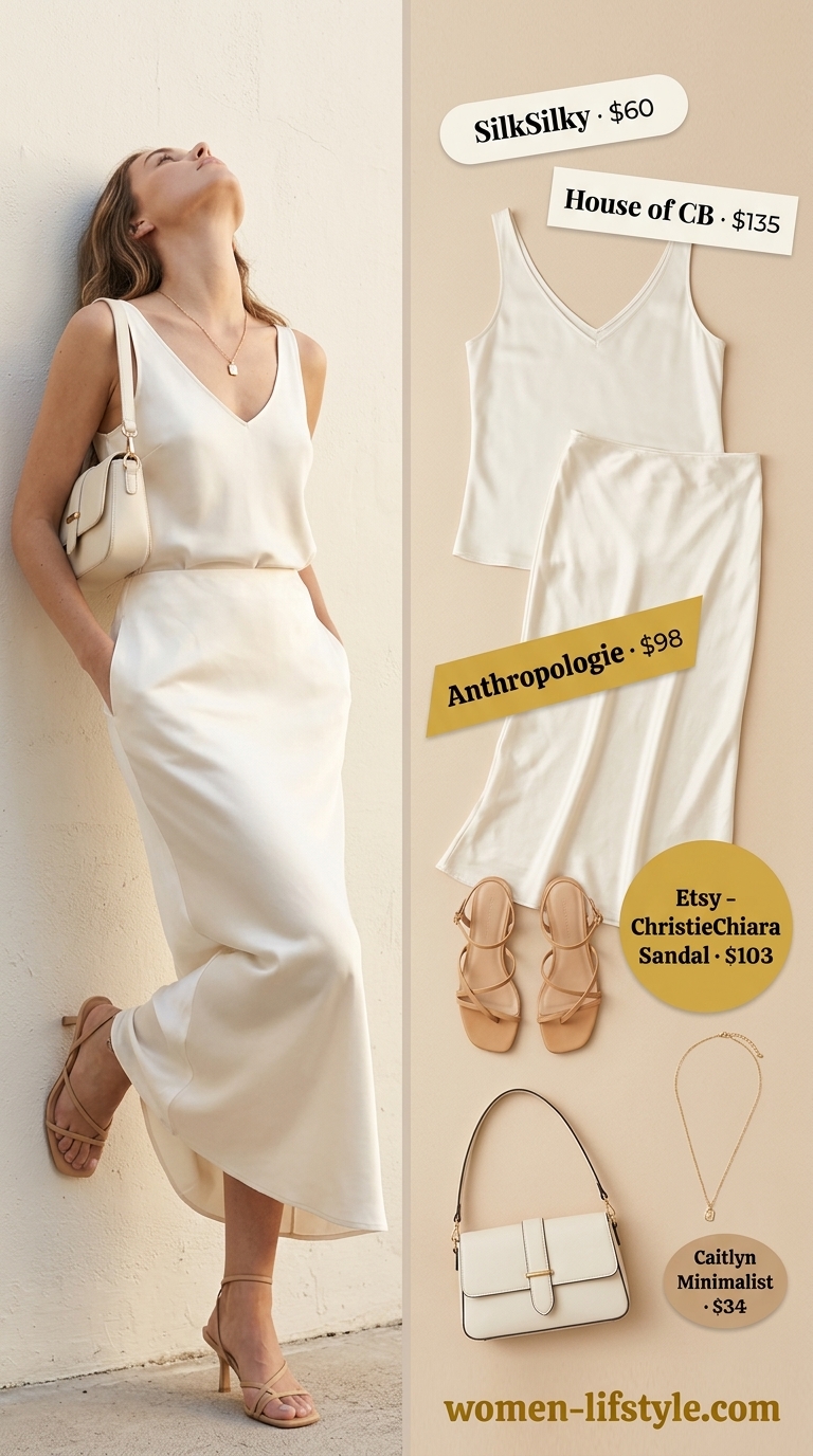 Elegant maxi skirt outfits summer 2026: Ivory matte satin maxi skirt, soft gold silk camisole for gallery opening.