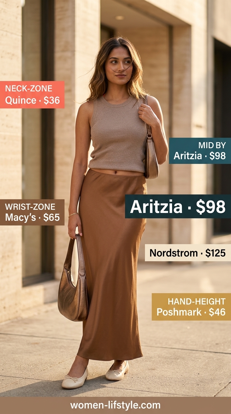Chic taupe silk blend maxi skirt outfit for a summer 2026 Parisian shopping trip or business lunch.