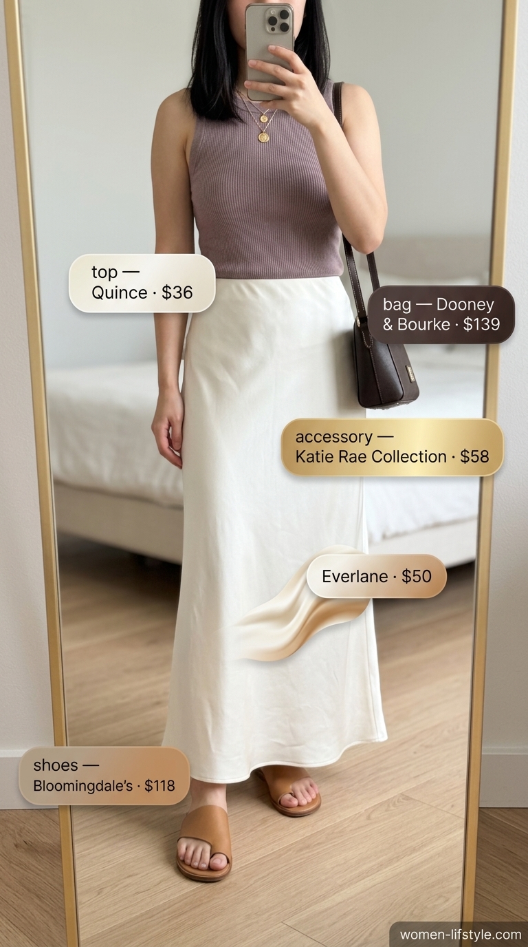 Elegant maxi skirt outfits summer 2026: Ivory silk maxi skirt, camel tank, straw bag for quiet luxury brunch.