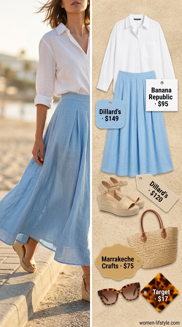Elegant maxi skirt outfit summer 2026: Sky blue linen maxi skirt, white shirt, espadrilles for seaside resort dinner.