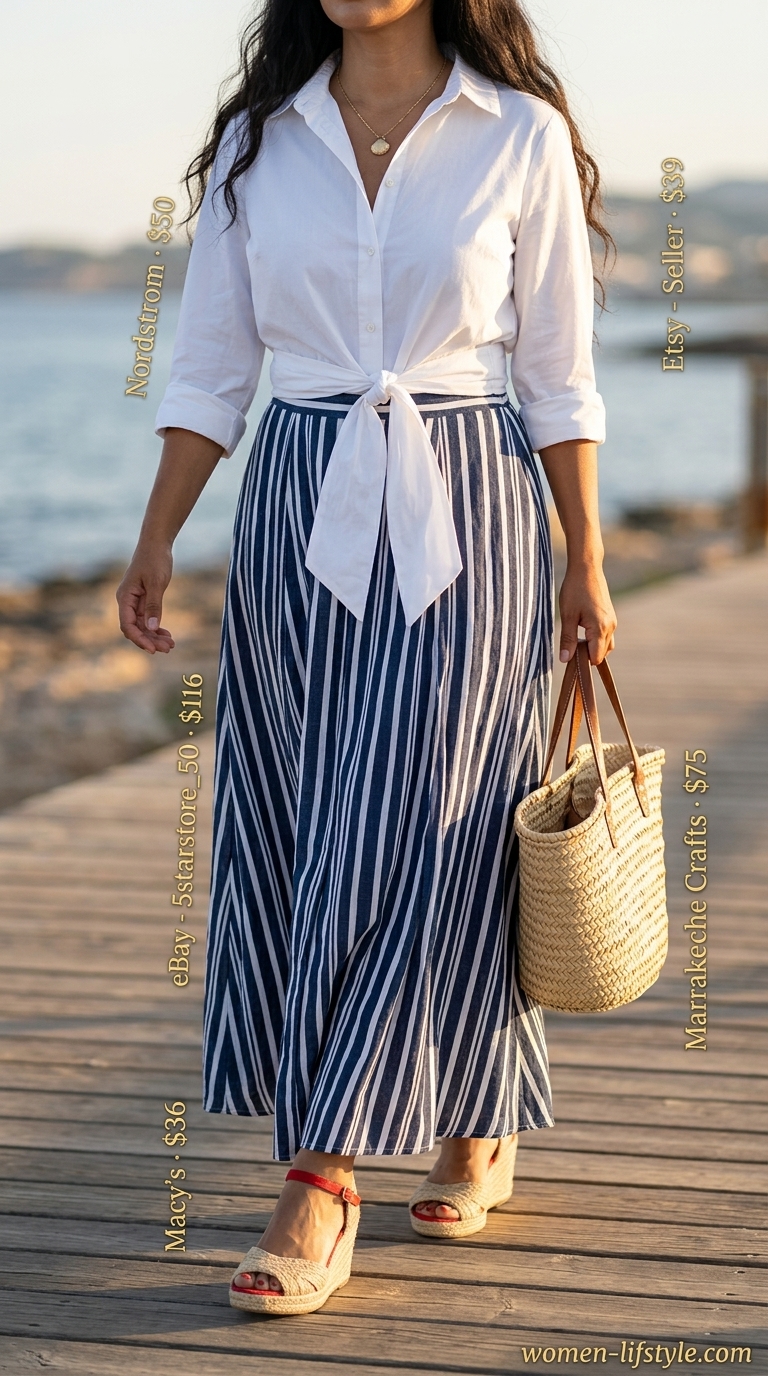 Chic Riviera Yacht Club outfit with a navy and white striped maxi skirt, white button-down shirt, and straw tote. Elegant maxi skirt outfits summer 2026.