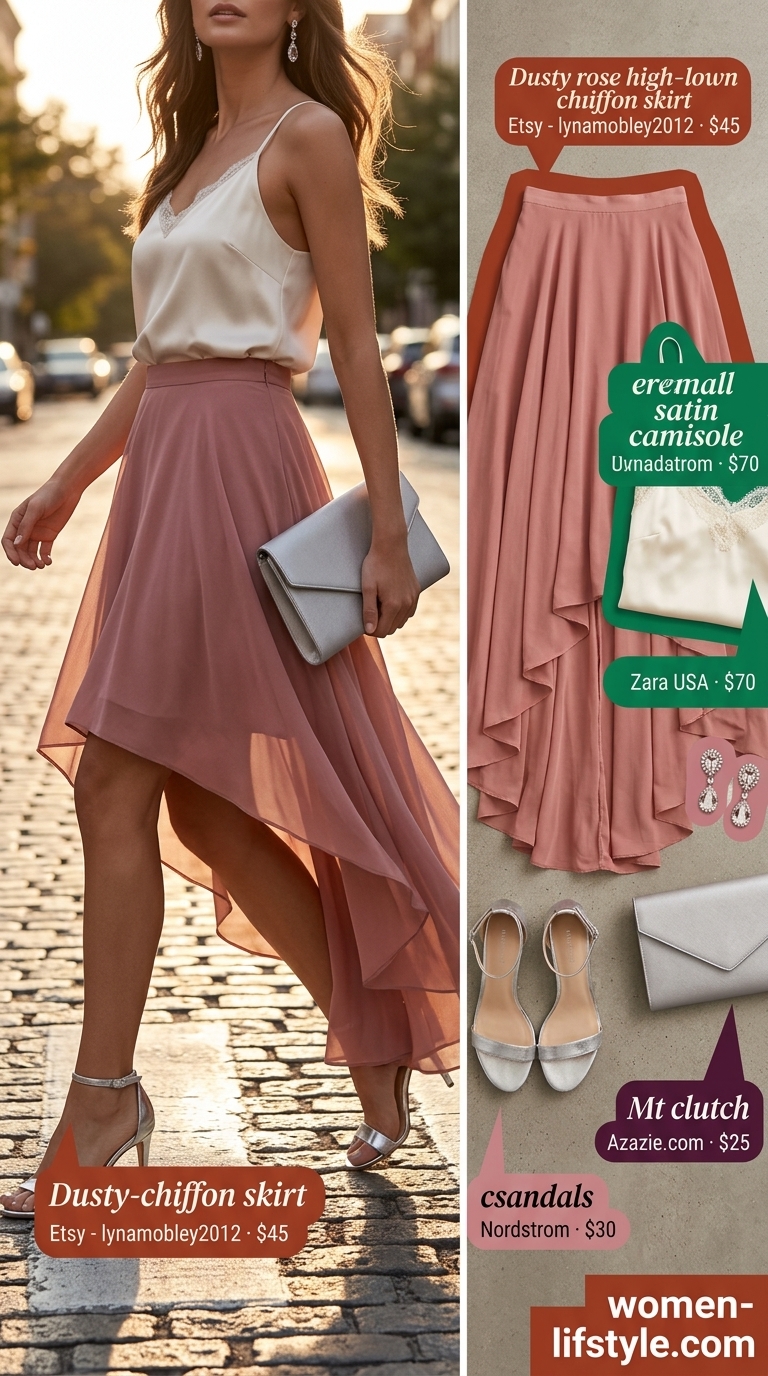 Elegant maxi skirt outfits summer 2026: Dusty rose pleated maxi skirt, cream camisole for summer wedding.