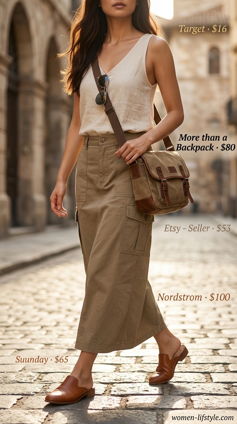 Elegant maxi skirt outfits summer 2026: Khaki utility maxi skirt, cream tank, cognac mules for city break.