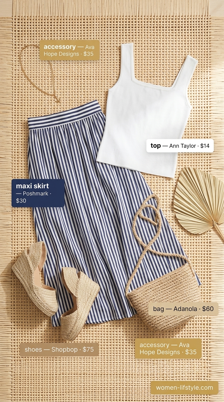Chic Sunset Cruise Stripes outfit with a navy and white striped maxi skirt, red tank top, and canvas crossbody. Elegant maxi skirt outfits summer 2026.