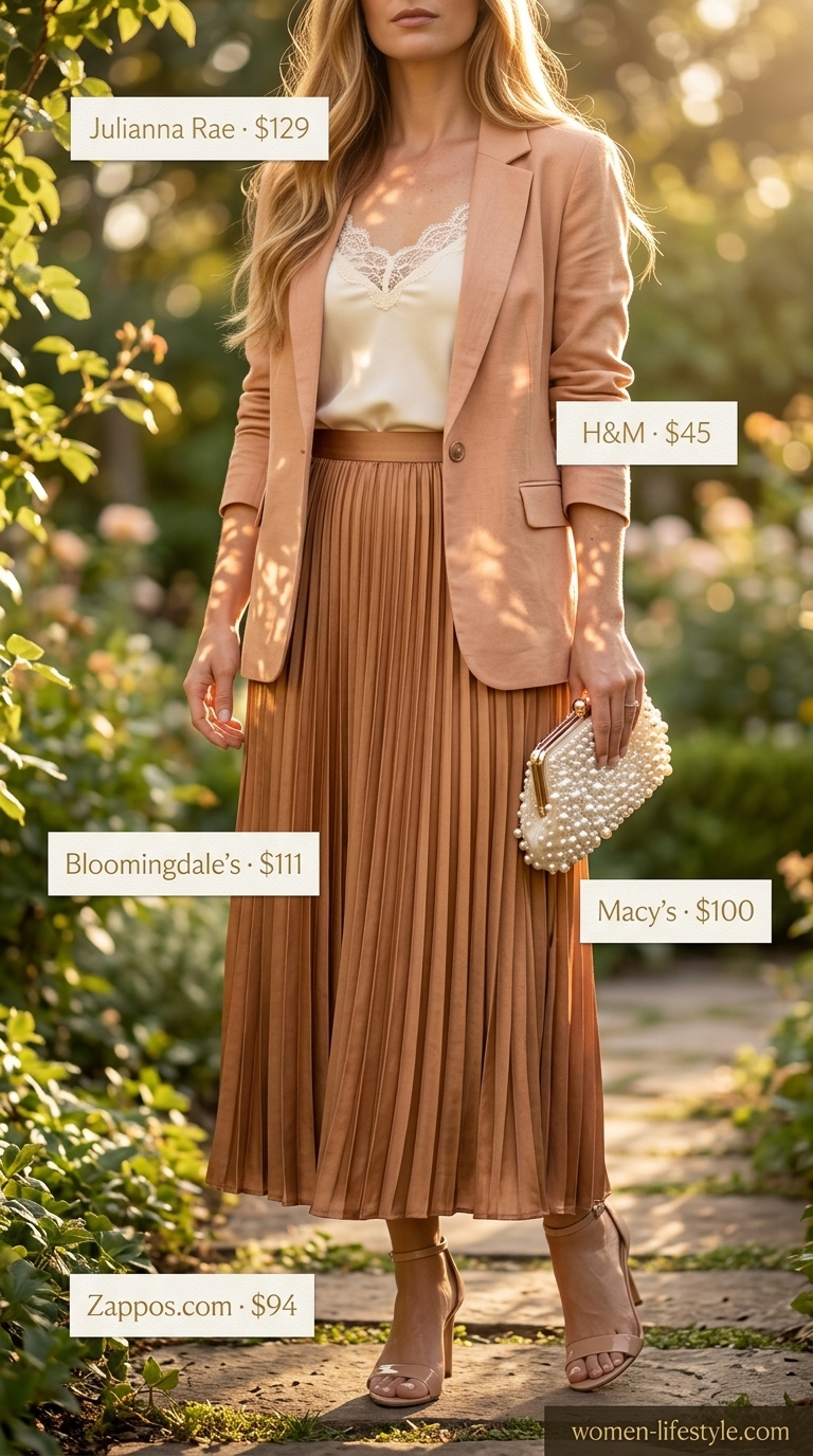 Romantic Sunset Garden Soirée outfit with a peach satin maxi skirt, cream camisole, and pearl accessories. Elegant maxi skirt outfits summer 2026.