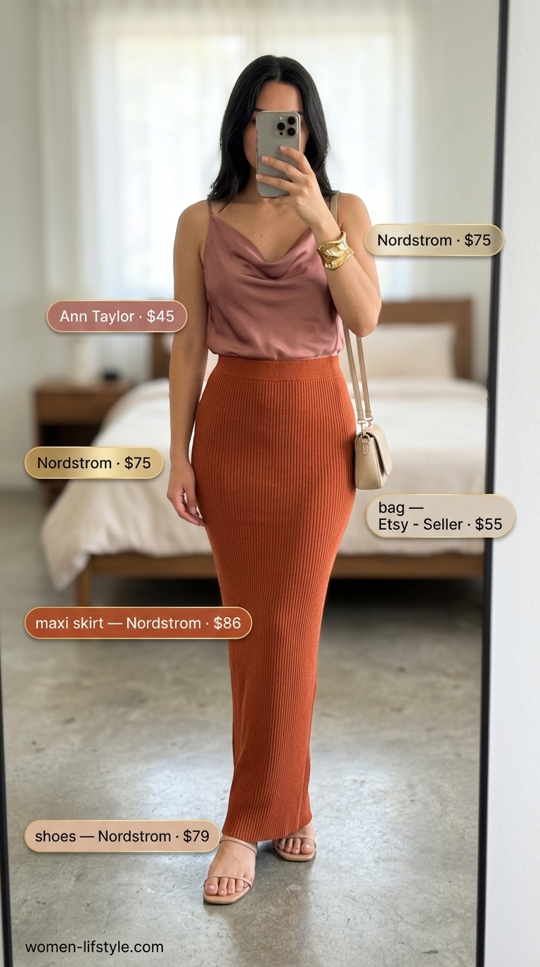 Sophisticated Sunset Glow Gathering outfit with a burnt orange ribbed knit maxi skirt and cream cowl neck camisole. Elegant maxi skirt outfits summer 2026.