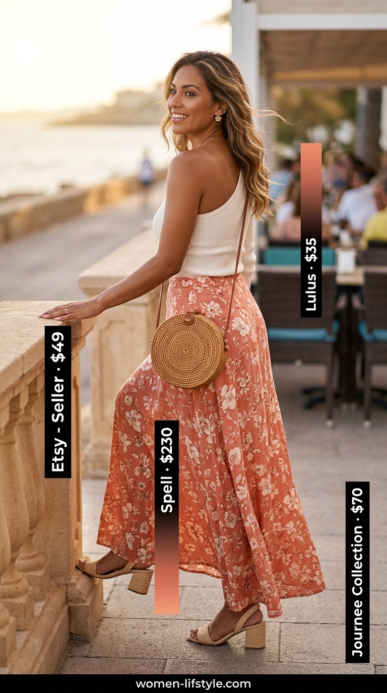 Elegant maxi skirt outfits summer 2026: Coral eyelet maxi skirt, off-white one-shoulder top for brunch.
