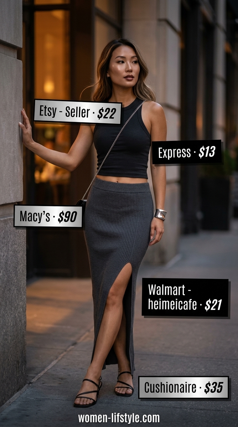 Elegant maxi skirt outfits summer 2026: Charcoal ribbed maxi skirt, black mock neck top for evening event.