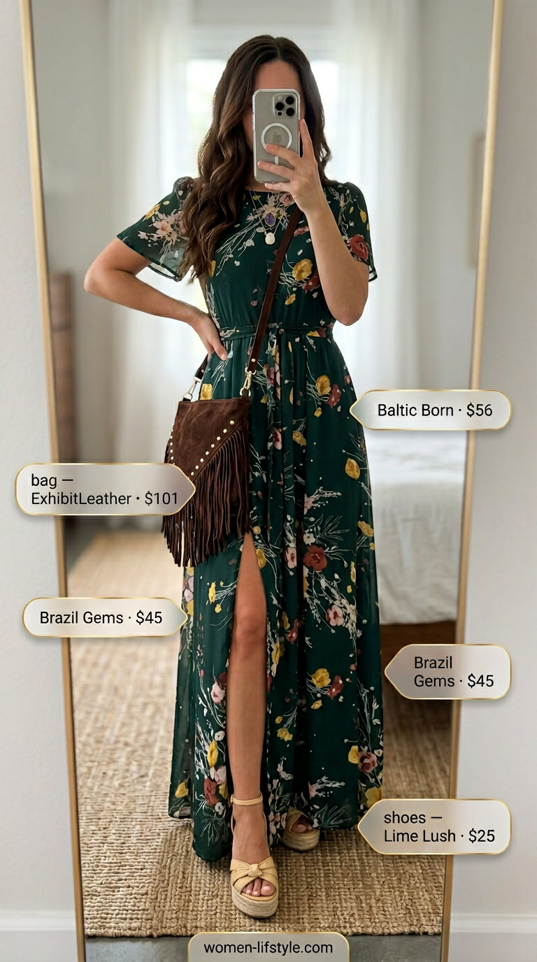 Bohemian floral maxi dress for evening date outfits summer for women 2026. Green, burgundy, gold tones. Espadrilles, layered necklaces, fringe bag.