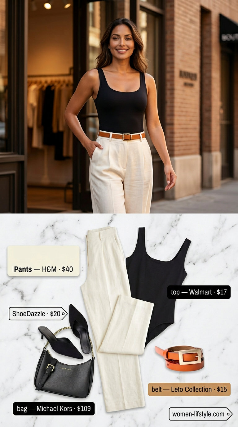 Ivory wide-leg trousers outfit for city evening date outfits summer for women 2026. Black bodysuit, black mules, tan belt.