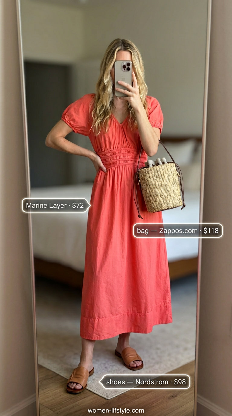 Feminine coral sundress with beige leather slides for summer evening date outfits women 2026. Ideal for outdoor dinners.