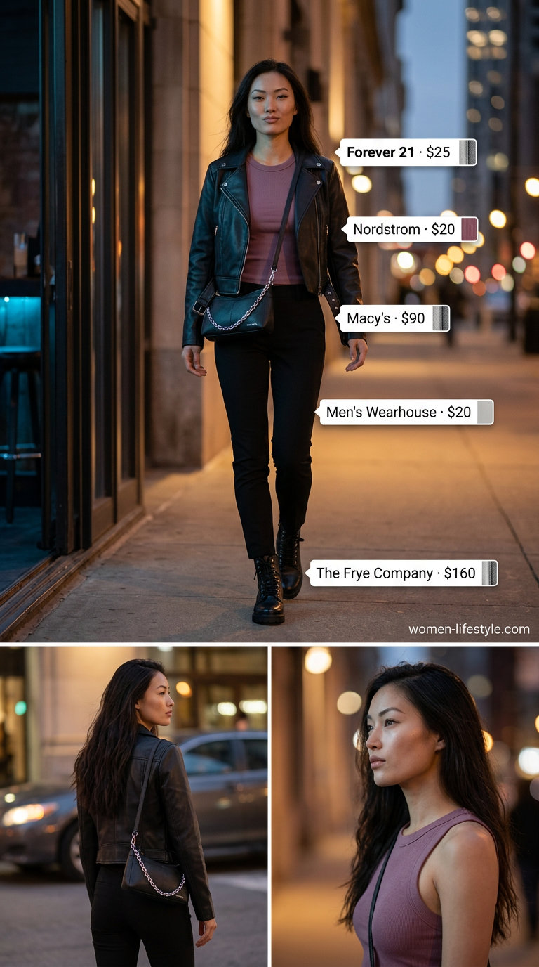 Black moto jacket outfit for edgy evening date outfits summer for women 2026. Burgundy tank, slim trousers, combat boots.